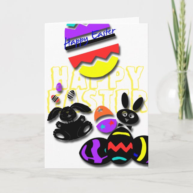 Funny Happy Easter with 2 Rabbits and coloured Egg Holiday Card (Front)