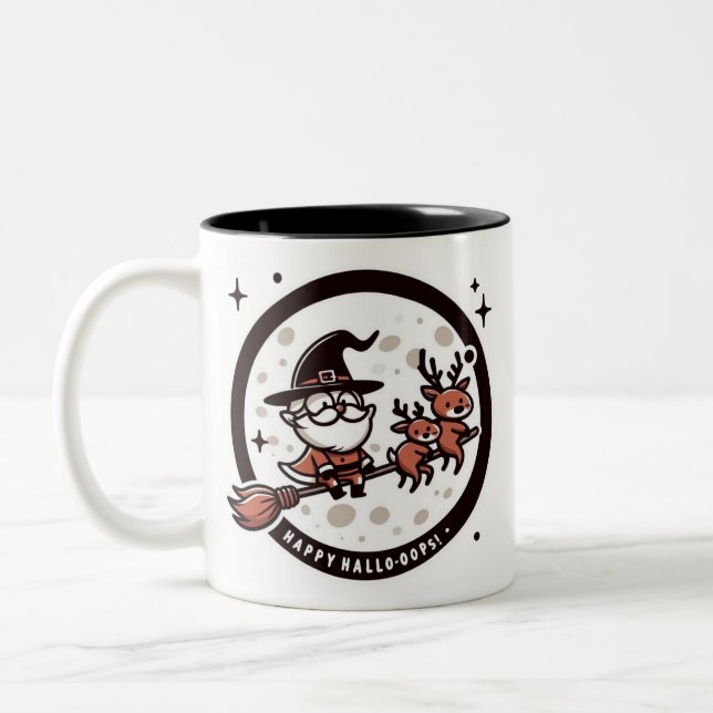 Funny "Happy Hallo-Oops!" Santa Witch  Two-Tone Coffee Mug (Left)