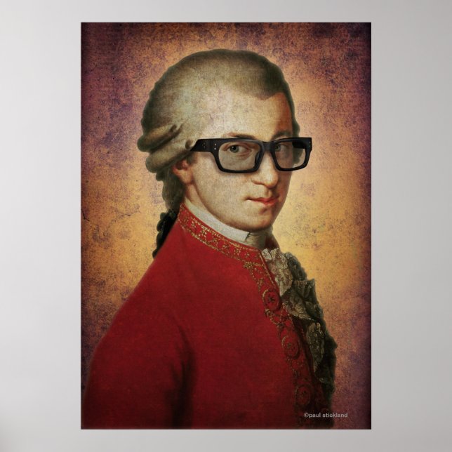 Funny Happy Hipster Mozart Classical Music Art Poster (Front)