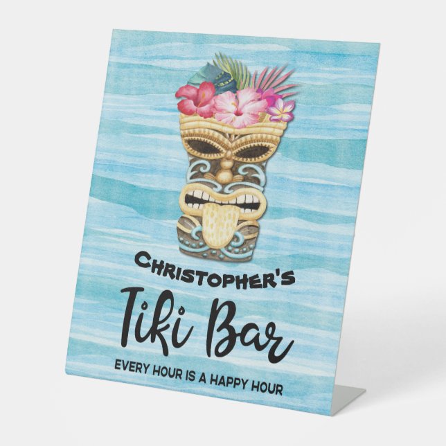 Funny Happy Hour Monogrammed Tiki Bar Pedestal Sign (Front)