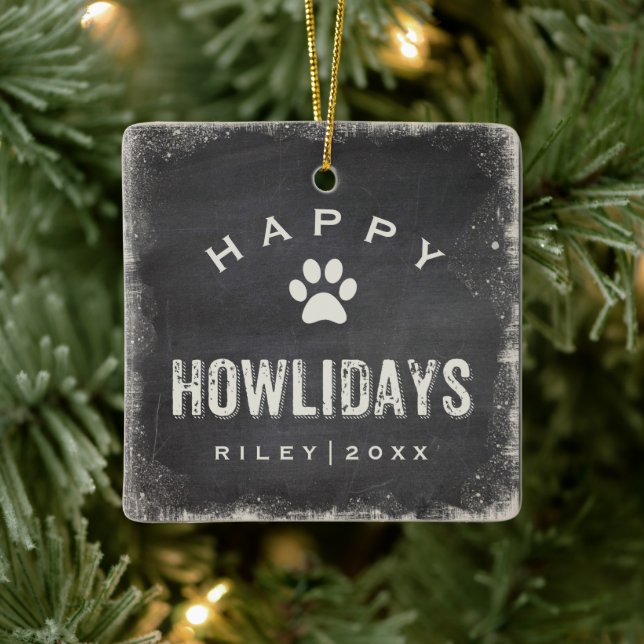 Funny Happy Howlidays Dog Photo and Name Custom Ceramic Ornament (Tree)
