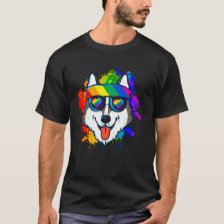 Funny Happy Husky in Sunglasses and Headband Dog L T-Shirt