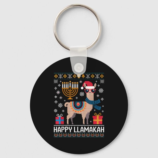 Funny Happy Llamakah Llama With Menorah  Keychain (Front)
