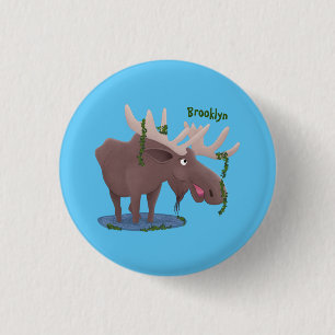Funny happy moose cartoon illustration 1 inch round button