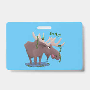 Funny happy moose cartoon illustration badge