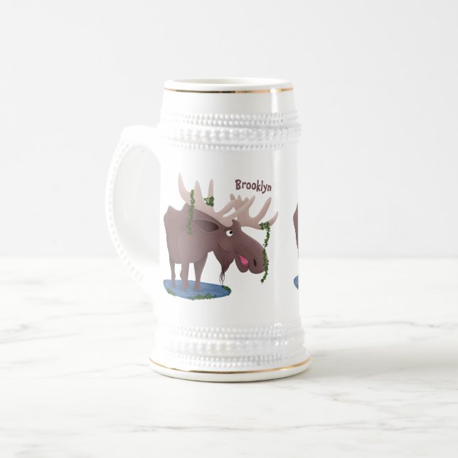 Funny happy moose cartoon illustration beer stein (Front Left)