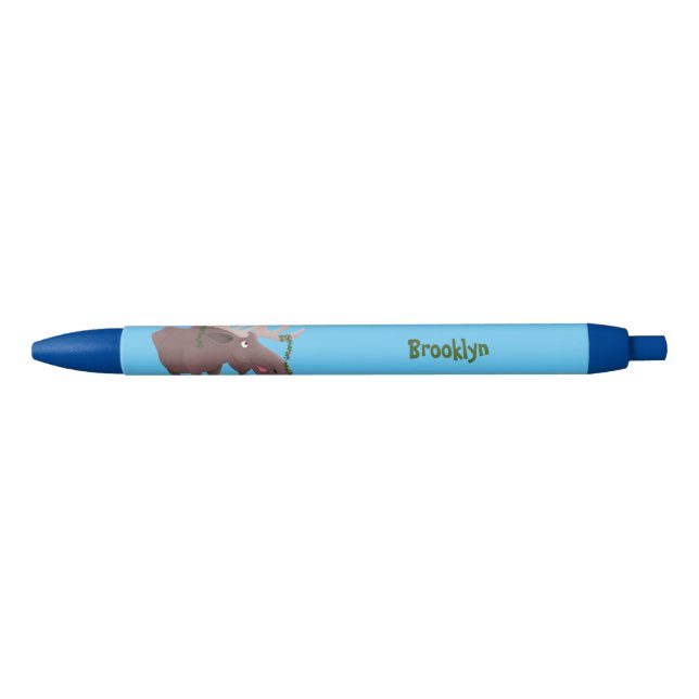 Funny happy moose cartoon illustration black ink pen (Front)