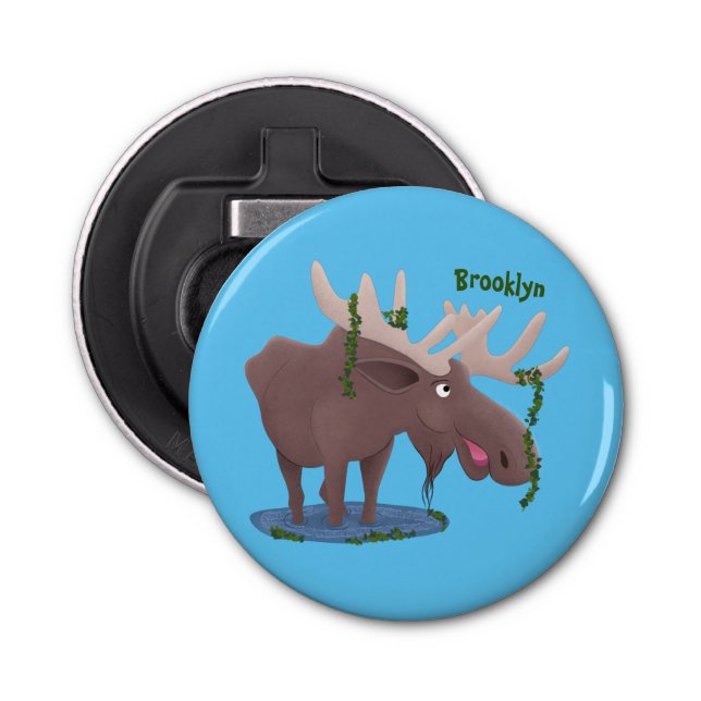 Funny happy moose cartoon illustration bottle opener (Front)