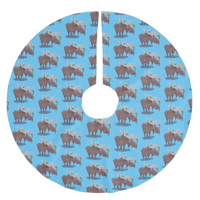 Funny happy moose cartoon illustration brushed polyester tree skirt (Front)