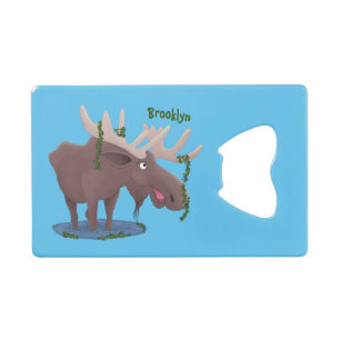 Funny happy moose cartoon illustration credit card bottle opener