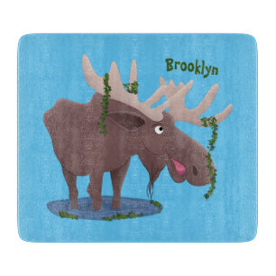 Funny happy moose cartoon illustration cutting board