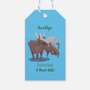 Funny happy moose cartoon illustration gift tags