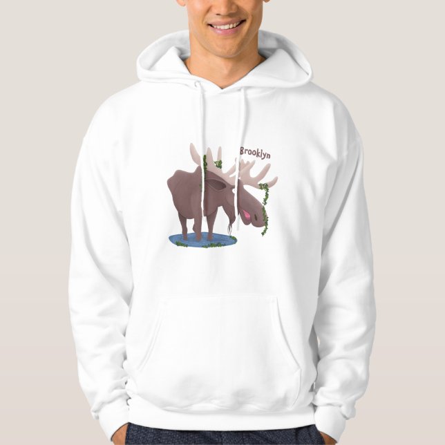 Funny happy moose cartoon illustration hoodie (Front)