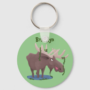 Funny happy moose cartoon illustration keychain