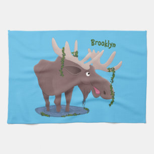 Funny happy moose cartoon illustration kitchen towel