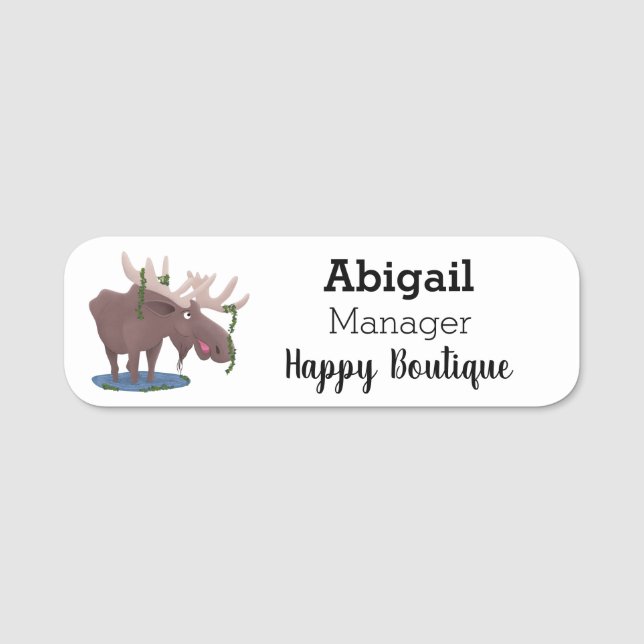Funny happy moose cartoon illustration name tag (Front)