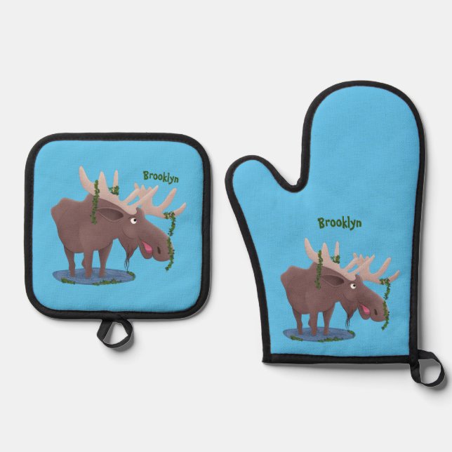 Funny happy moose cartoon illustration oven mitt & pot holder set (Front)