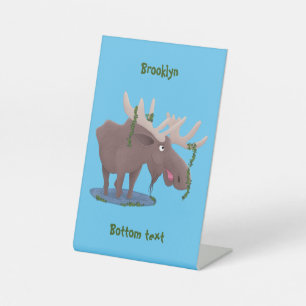 Funny happy moose cartoon illustration pedestal sign