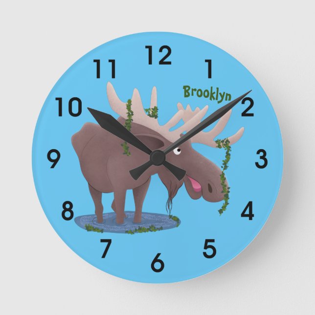 Funny happy moose cartoon illustration round clock (Front)