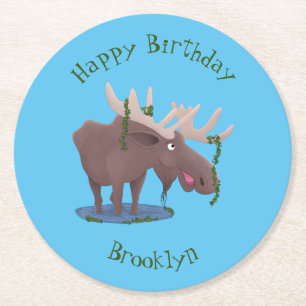 Funny happy moose cartoon illustration  round paper coaster