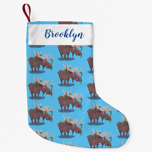 Funny happy moose cartoon illustration small christmas stocking (Front)