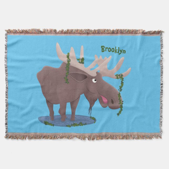 Funny happy moose cartoon illustration throw blanket (Front)