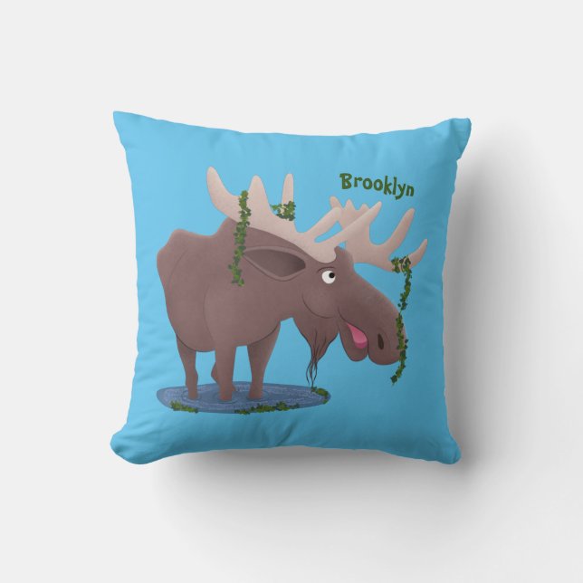 Funny happy moose cartoon illustration throw pillow (Front)