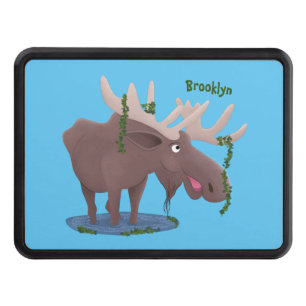 Funny happy moose cartoon illustration trailer hitch cover