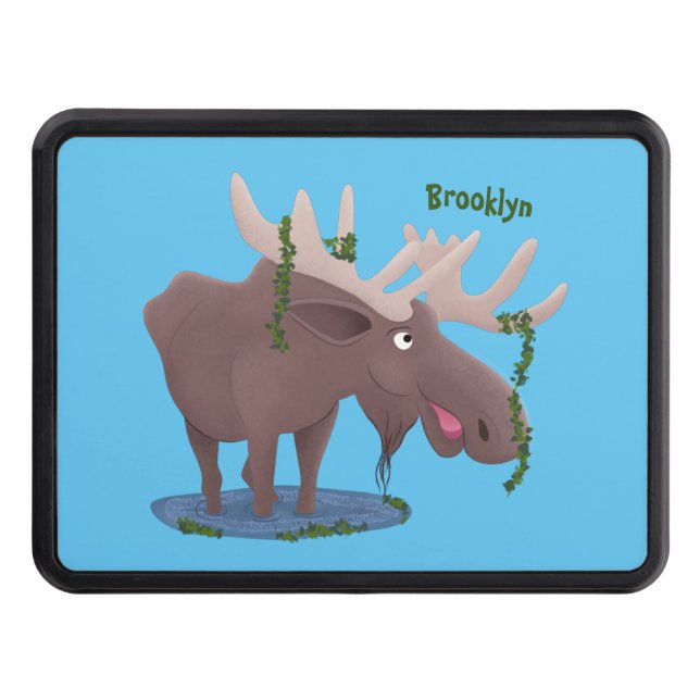 Funny happy moose cartoon illustration trailer hitch cover (Front)