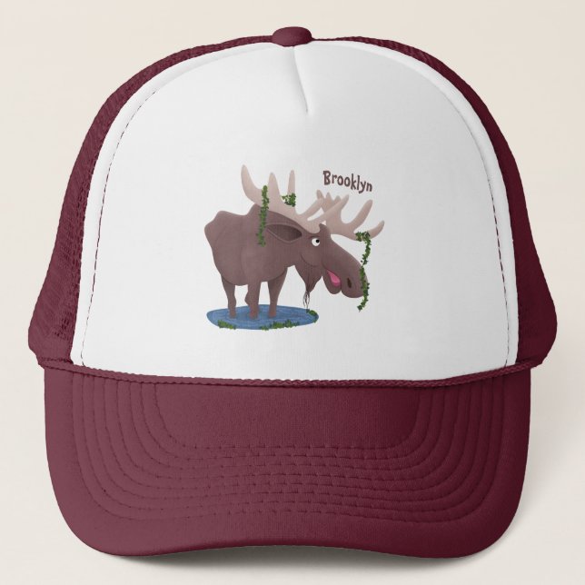 Funny happy moose cartoon illustration trucker hat (Front)