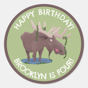 Funny happy moose personalized cartoon birthday classic round sticker
