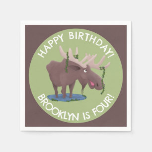 Funny happy moose personalized cartoon birthday napkin