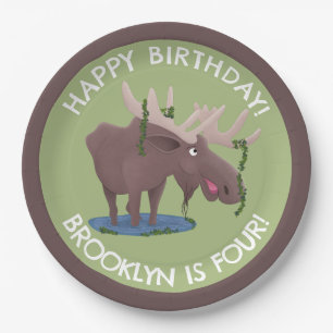 Funny happy moose personalized cartoon birthday paper plate
