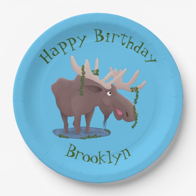 Funny happy moose personalized cartoon birthday paper plate (Front)