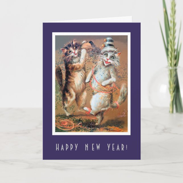 Funny Happy New Year Partying Cats Card (Front)