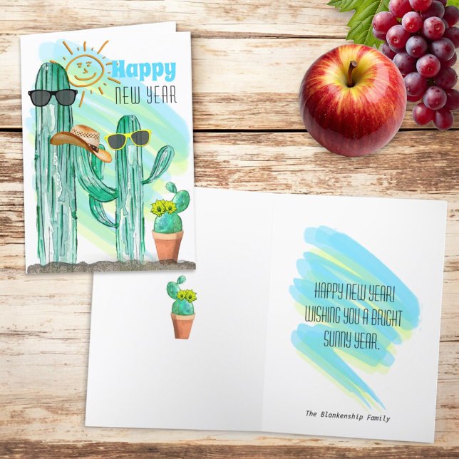 Funny Happy New Year Southwest Saguaro Cactus Holiday Card (greeting card template front cover and inside)