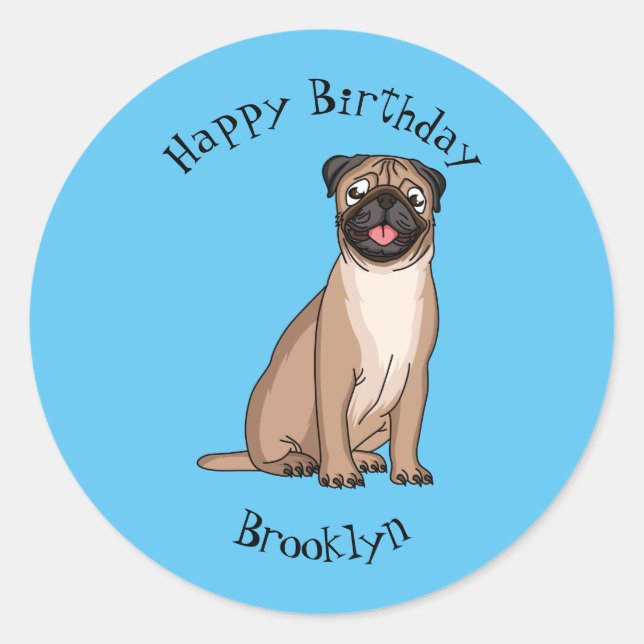 Funny happy pug dog cartoon illustration classic round sticker (Front)