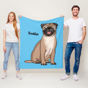 Funny happy pug dog cartoon illustration fleece blanket