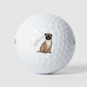 Funny happy pug dog cartoon illustration golf balls