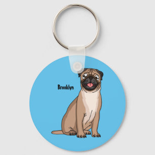 Funny happy pug dog cartoon illustration keychain