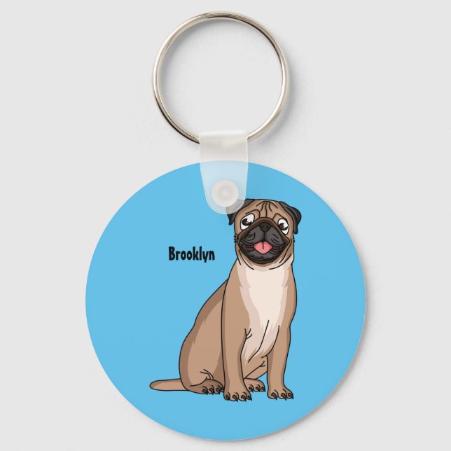 Funny happy pug dog cartoon illustration keychain (Front)