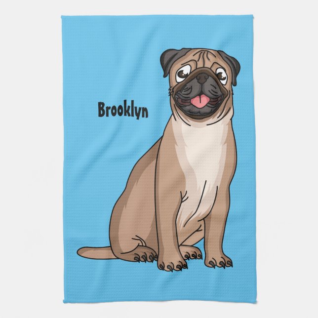Funny happy pug dog cartoon illustration kitchen towel (Vertical)