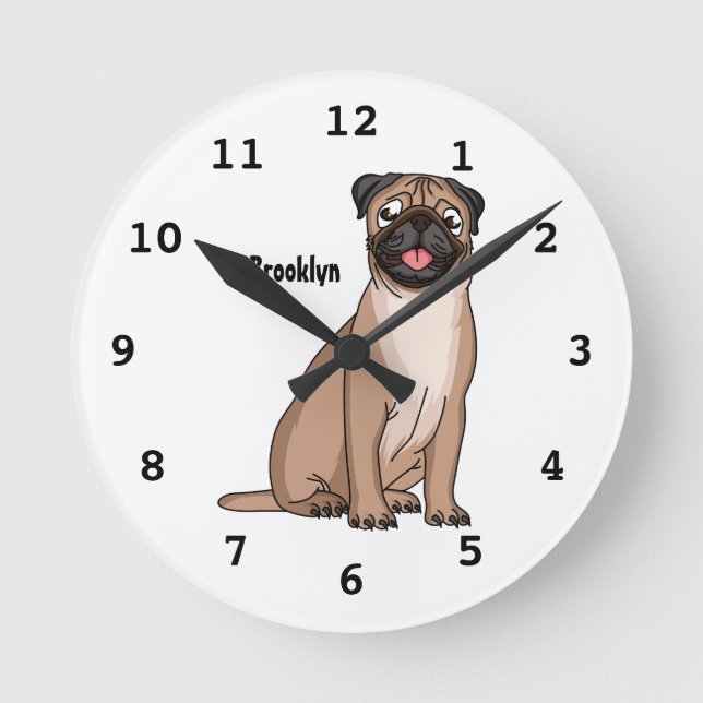 Funny happy pug dog cartoon illustration  round clock (Front)
