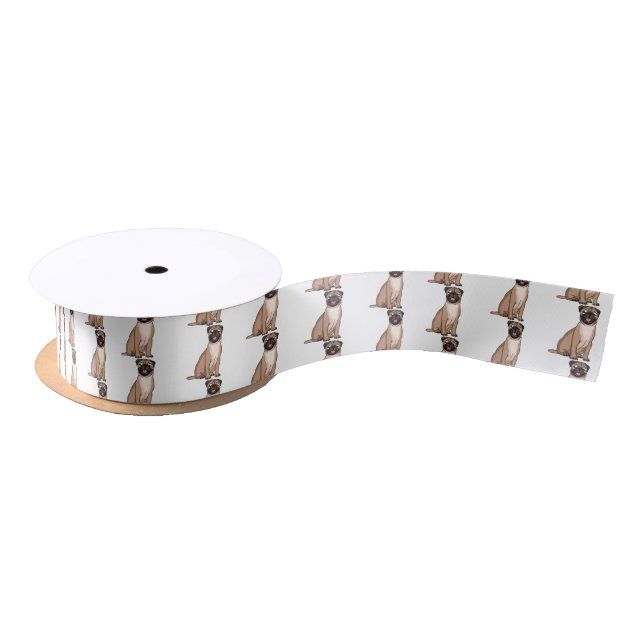 Funny happy pug dog cartoon illustration satin ribbon (Spool)