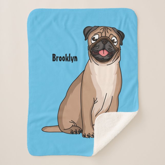 Funny happy pug dog cartoon illustration sherpa blanket (Front)