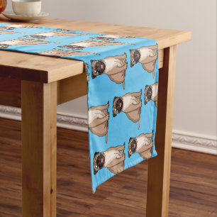 Funny happy pug dog cartoon illustration short table runner