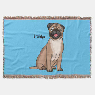 Funny happy pug dog cartoon illustration throw blanket