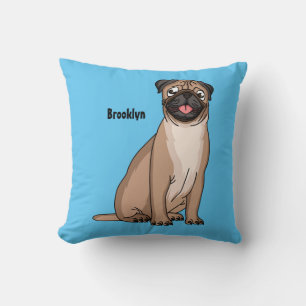 Funny happy pug dog cartoon illustration throw pillow