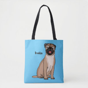 Funny happy pug dog cartoon illustration tote bag