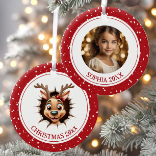 Funny Happy Reindeer Girl Christmas Photo Ornament